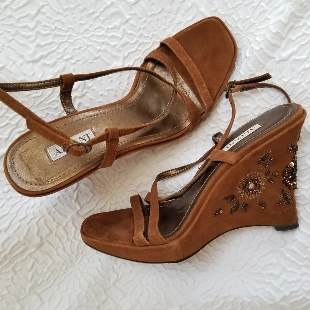 Alfani Serenity Caramel Suede Beaded Wedge Sandals